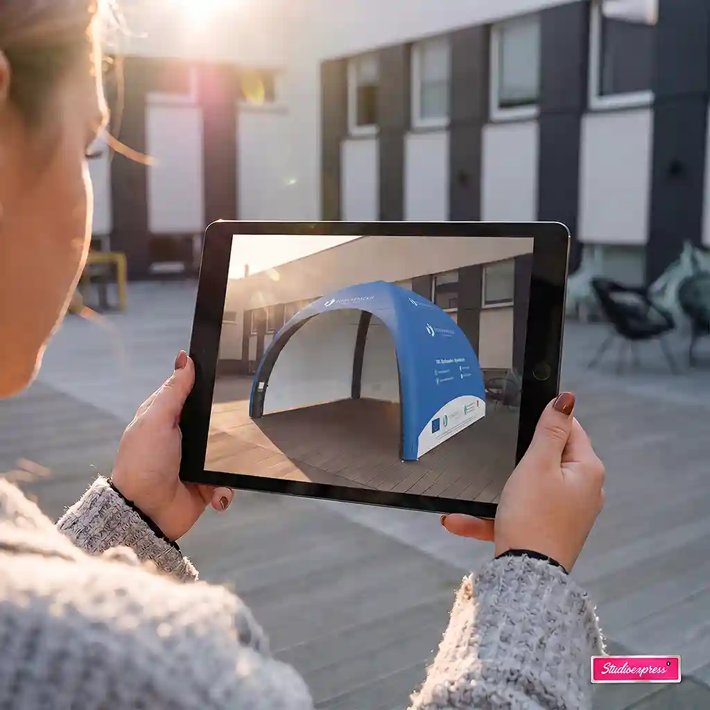 Namiot stałociśnieniowy Igloo Life 3x3 na tablecie w trybie AR 3D